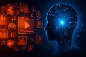 Futuristic digital illustration blending entertainment and innovation, showing vibrant visuals of film, music, gaming, DNA strands, satellites, and AI neural networks connected by glowing data streams.