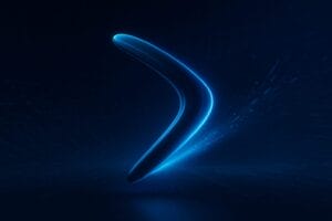 A glowing blue boomerang floating in a dark digital space, symbolizing momentum, return, and connection.